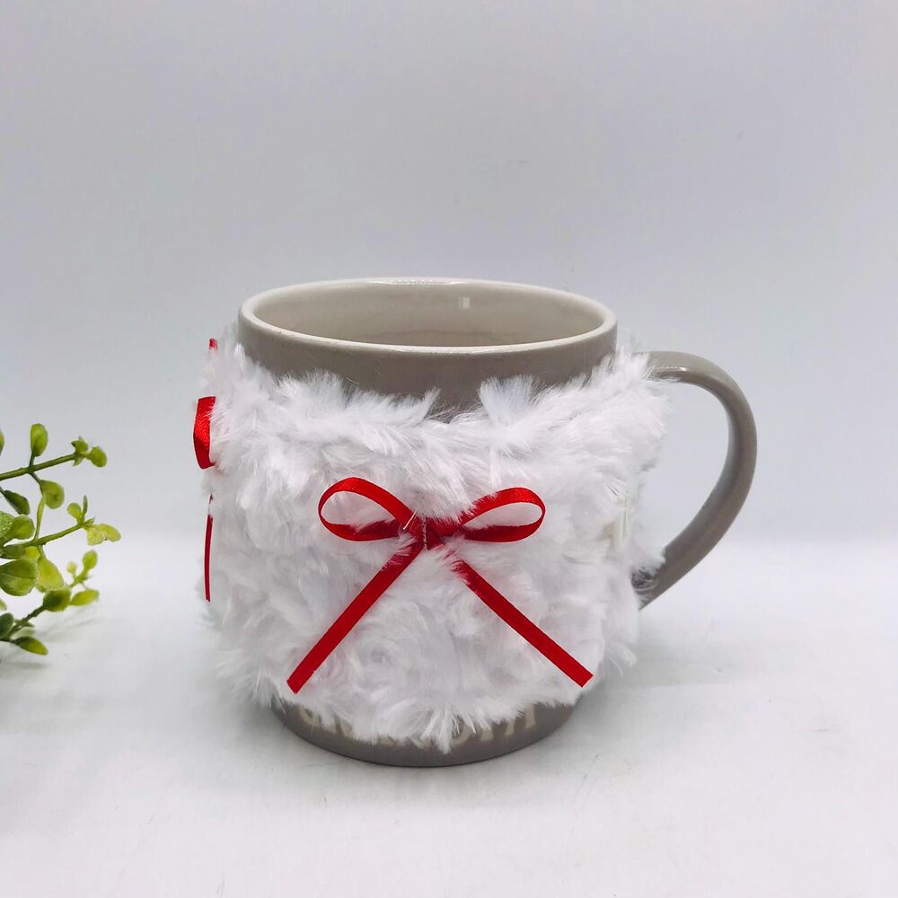 Handmade Mug Cozy, White Fleece w Red Bow, Hot Drink Cozy, Stocking Stuffer